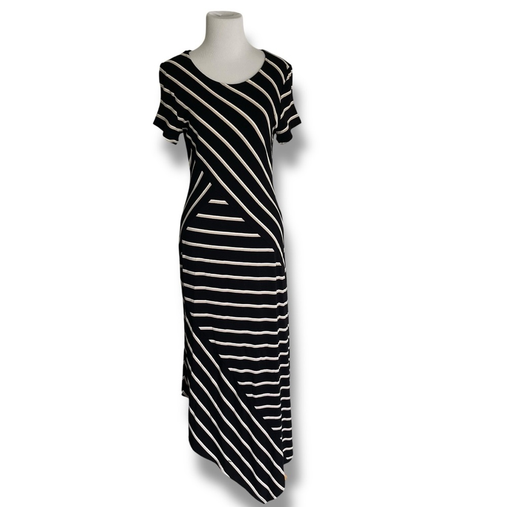 Chico's Striped Asymmetrical Dress in Black Beige and White